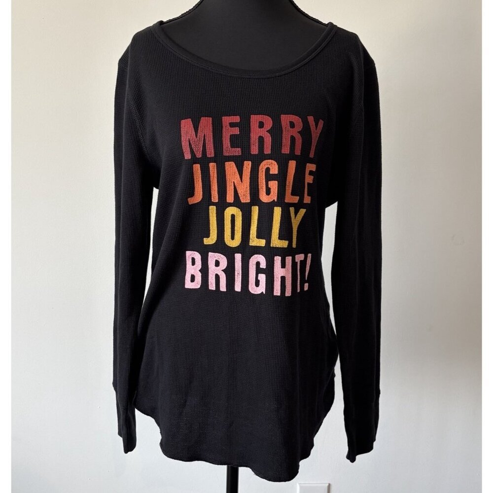 Old Navy Womens Thermal Pajama Printed Shirt LARGE Black Multicolor Holiday NWT